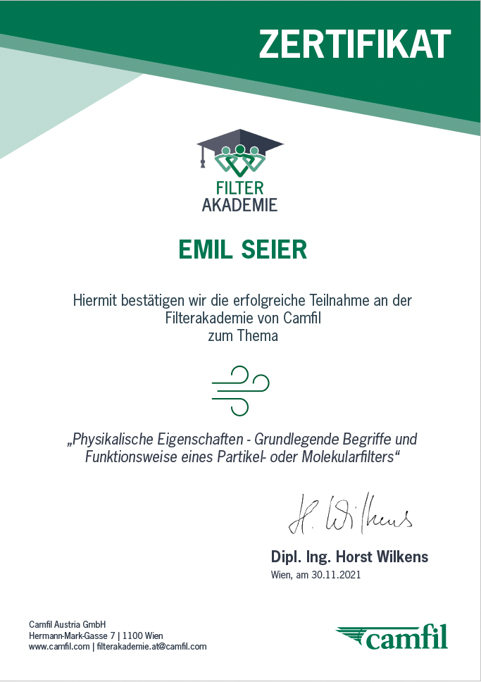 Filterakademie Zertifikate Physikalische Eigenschaften Emil Seier AT 20211130
