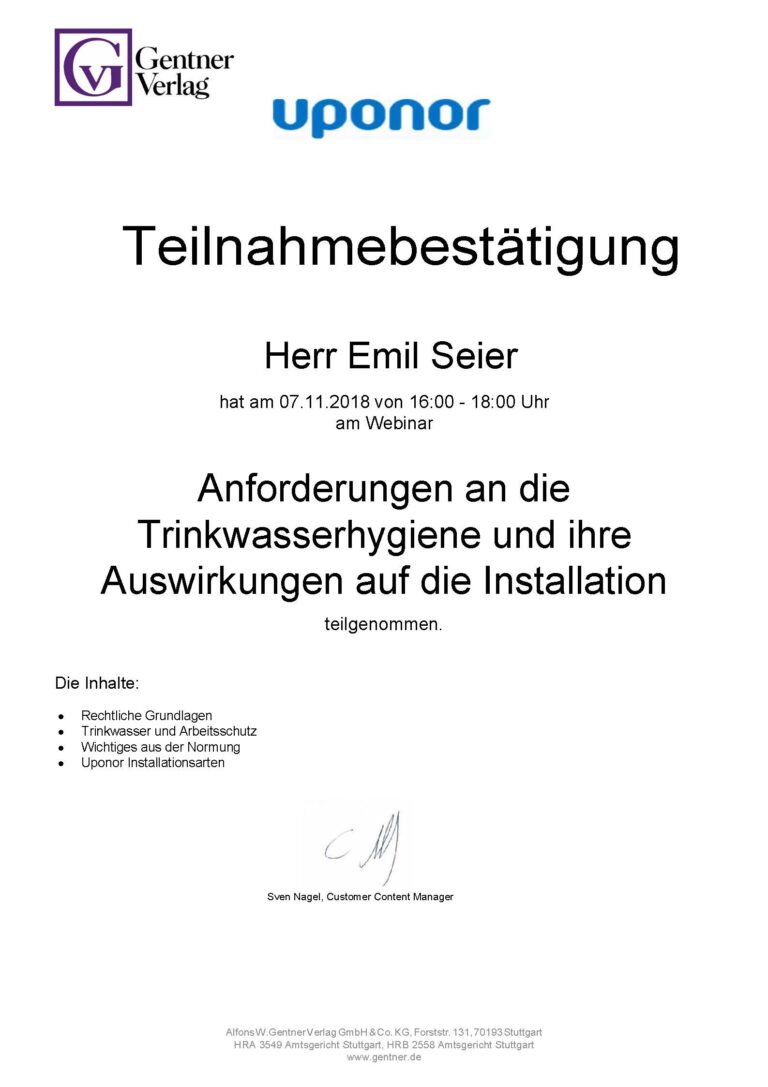Teilnahmebestaetigung Webinar Trinkwasserinstallation Emil Seier