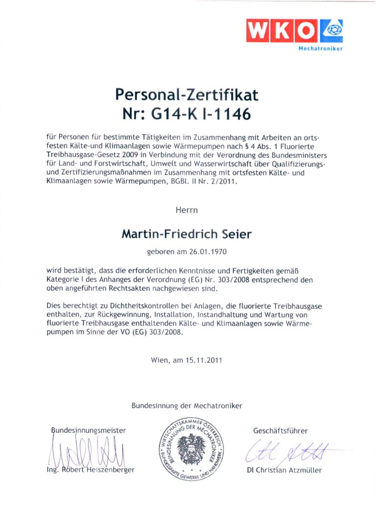 Zertifikat Personal Nr G14 KI 1146 2011 11 30